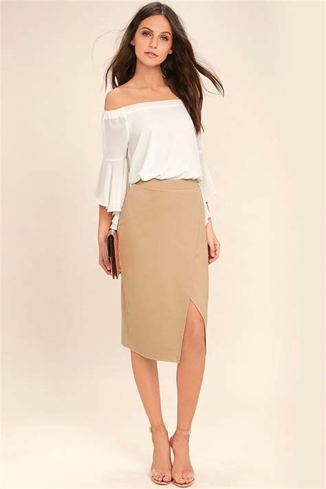 Stylish Beige Skirt Midi Skirt Pencil Skirt Wrap Skirt 3400