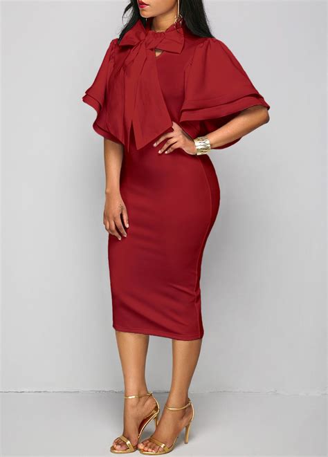 wine red tie neck layered sleeve dress on sale only us 34 90 now buy cheap wine red tie neck