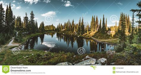 View From Lake On The Summit Of Mount Revelstoke Across Forest With