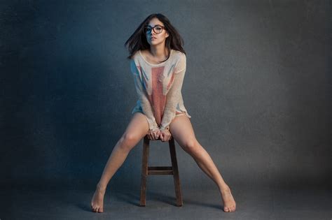 Women Brunette Legs Women With Glasses Barefoot Sitting Torn Clothes