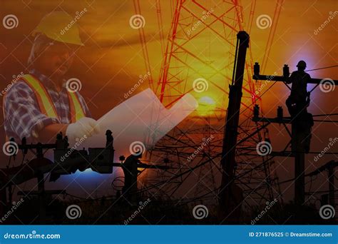 Electrician Silhouette Working On A Crane With A Lamppost Under The