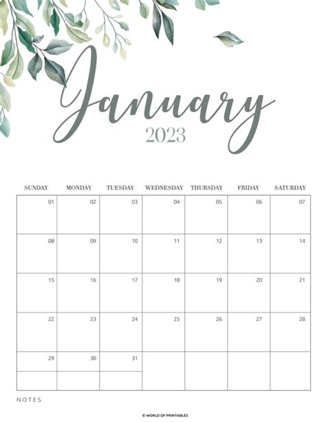 January 2023 Calendar Portrait Printable Template Calendar