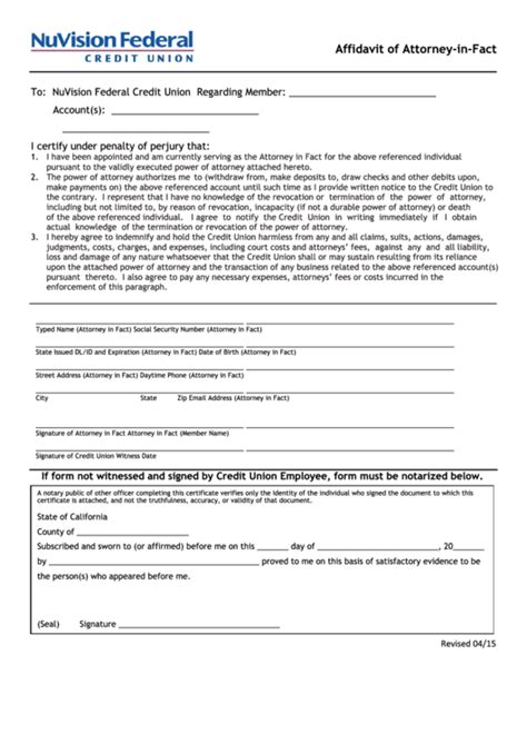 Affidavit Of Attorney In Fact Nuvision Federal Credit Union Printable