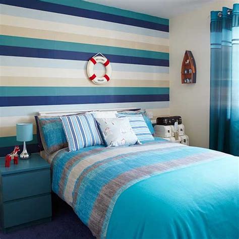 See more ideas about scandinavian bedroom. New England inspired wallpaper with blue horizontal stripes | Bedroom wallpaper and what it can ...