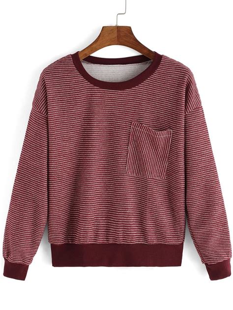 Red Round Neck Pocket Striped Sweatshirt Sheinsheinside
