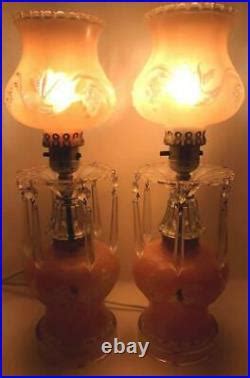 Vtg Victorian Pink Frosted Glass Hurricane Boudoir Lamps Glass Prisms