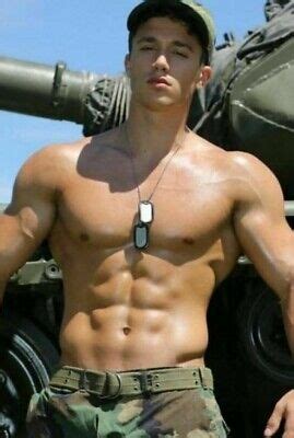 Shirtless Male Military Hunk Showing Off Physique Muscular Build Photo