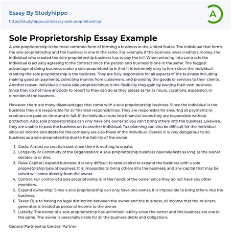 Sole Proprietorship Essay Example