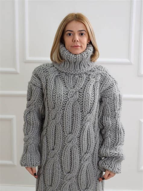 Chunky Knit Cardigan Grey Turtleneck Wool Sweater Warm Etsy In 2020