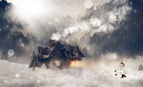 Snowfall Scene With Cabin In The Pine Forest Image Free Stock Photo