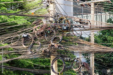 Utility Pole With Lots Of Entangled Electrical Wires Chiang Mai
