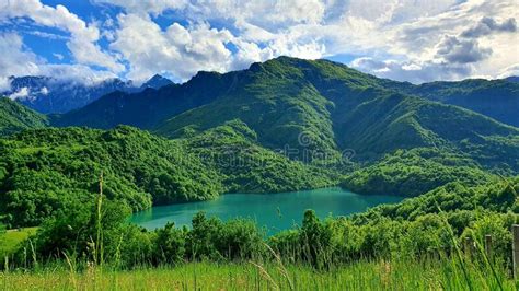 Scenic Landscape With Dense Forest Mountains A Pond In Front Under The