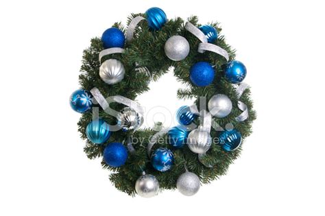 Christmas Wreath With Blue And Silver Ornaments Isolated Stock Photos