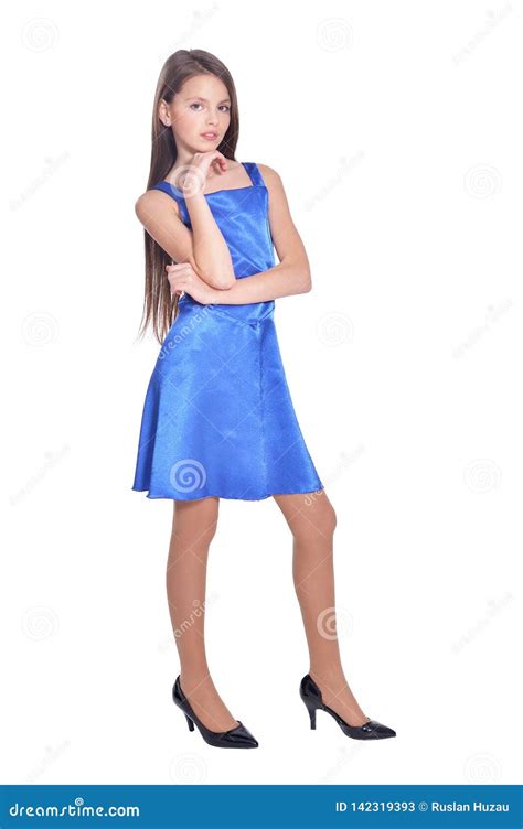 Portrait Of Beautiful Girl In Blue Dress Posing Stock Image Image Of Beautiful Young 142319393