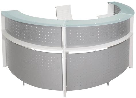 Expand your 1/2 round reception desk into a u shape with a white 55 wide desk and riser sold separately below. White 180° Half Round Curved Glass Top Reception Desk