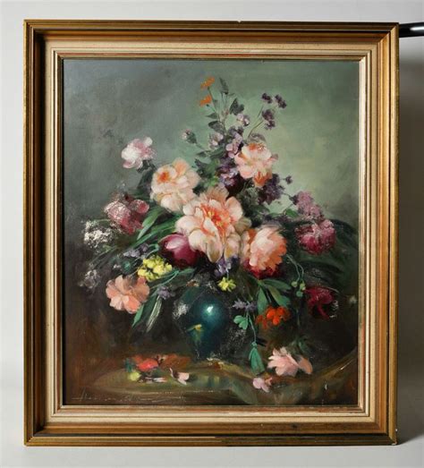 Vintage Still Life Oil Painting On Canvas Flowers In Vase Signed