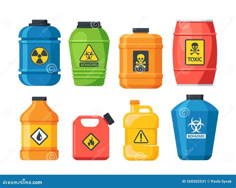 Set Of Dangerous Substances Various Containers With Explosive Chemical