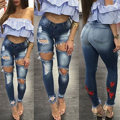 fashion women ladies fit stretch ripped jeans sexy slim skinny high waisted denim pants pencil