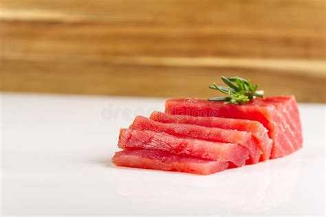 Tuna Sashimi Fresh Yellowfin Sliced Tuna Steak A White Table Bluefin