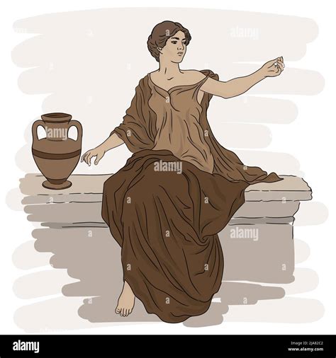 Una joven mujer esbelta en una antigua túnica griega se sienta en un parapeto de piedra junto a