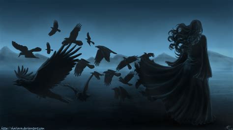 Download Dark Horror Gothic Women Raven Poe Birds Art Mood Wallpaper Background By