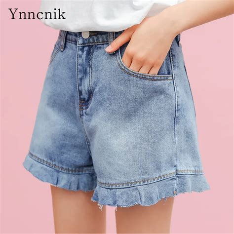 Ynncnik Jeans Shorts Womens Blue Denim Shorts Ruffles Bottoms Hot Flare Loose Jeans High Waist