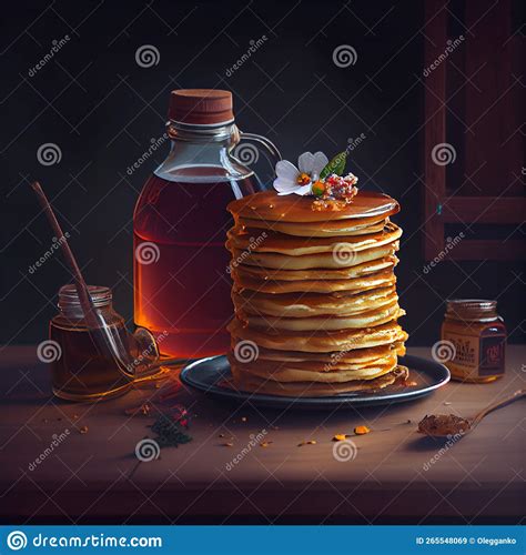 Sweet Pancakes With Honey Generative Ai Stock Illustration