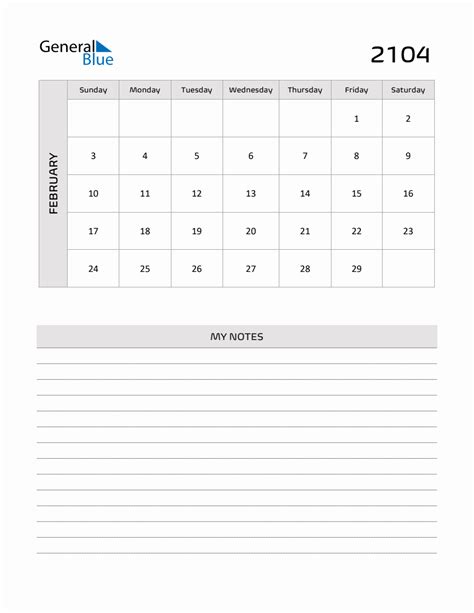 February 2104 Printable Monthly Calendar With Notes