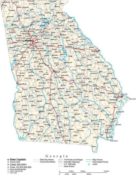 Georgia with Capital, Counties, Cities, Roads, Rivers & Lakes