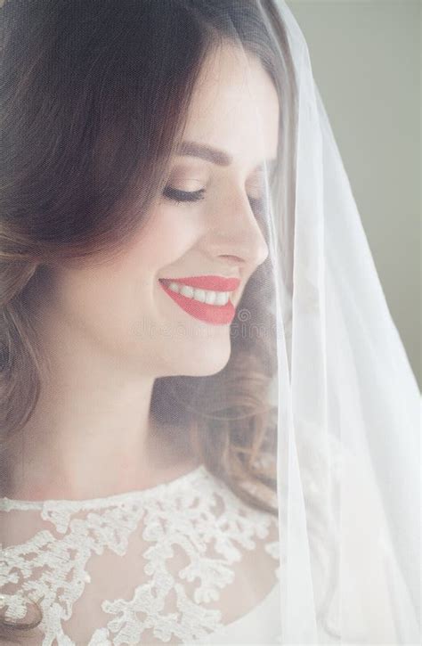 Closeup Portrait Of Nice Woman Bride In White Veil Stock Image Image