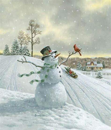 The Snowman On The Hill Snowman Christmas Scenes Vintage Christmas