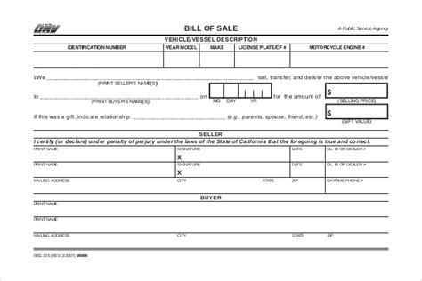 Bill Of Sale Dmv Template Bill Of Sale Form Template Vehicle Printable