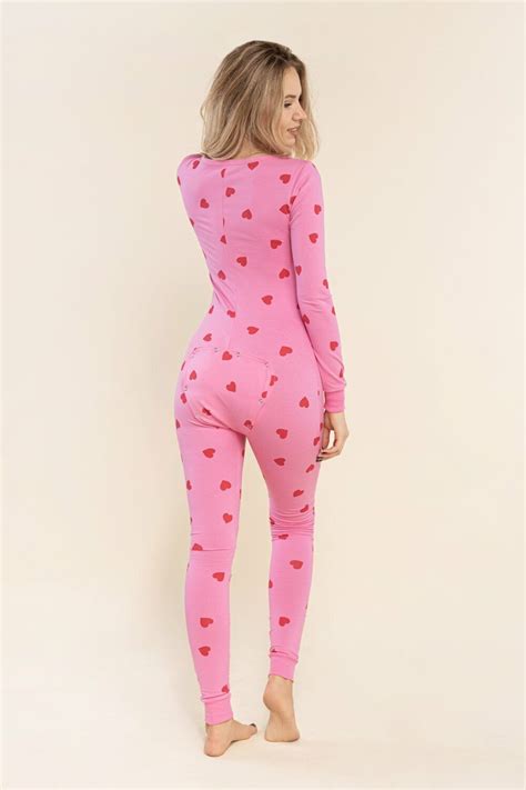 Sexy Pyjama Jumpsuit With Butt Flap Ladies Sleepsuit Onezee Pink