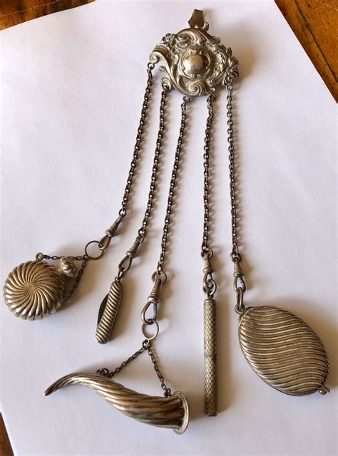 Antique Birmingham Sterling Silver Chatelaine With 5 Gem