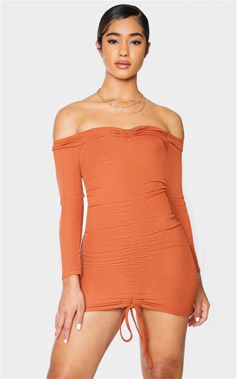Rust Ribbed Long Sleeve Bardot Ruched Bodycon Prettylittlething Il