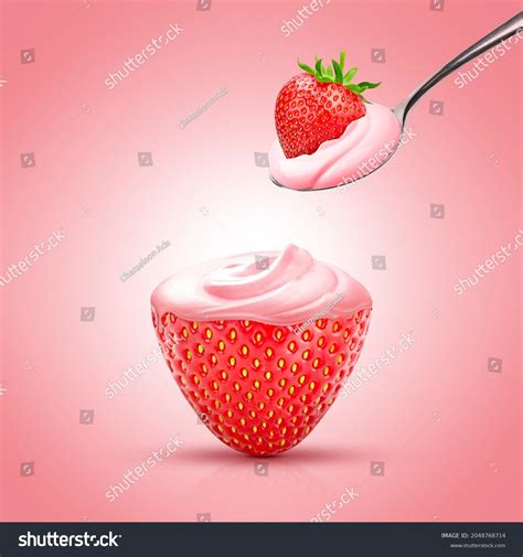 Strawberry Yoghurt Ads Spoon Creamy Strawberry Stock Illustration