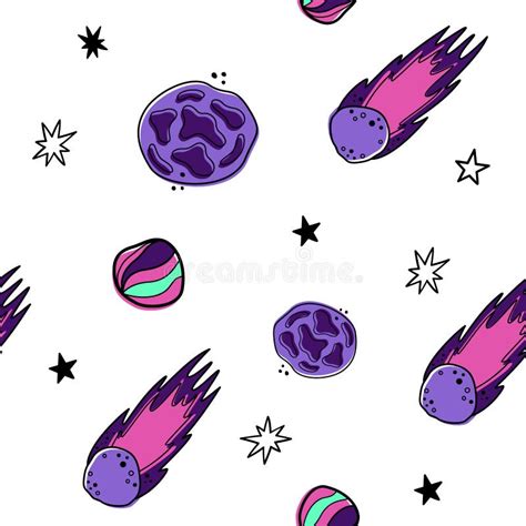 Color Vector Seamless Pattern With Space Elements Meteorites And