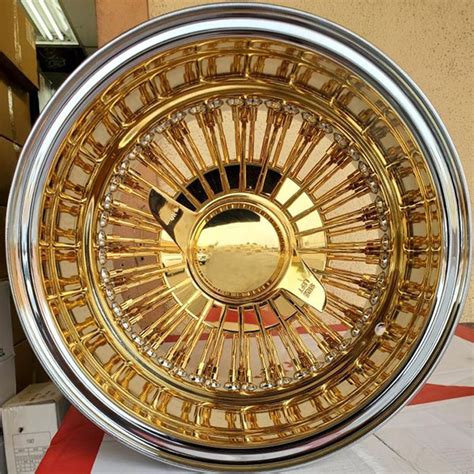 13x7 Wire Wheels Reverse 72 Spoke Straight Lace American Gold Center With Chrome Lip Rims Etc766 1