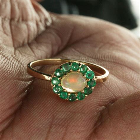 Genuine Emerald Opal Gemstone Ring Solid 14k Yellow Gold Handmade Fine