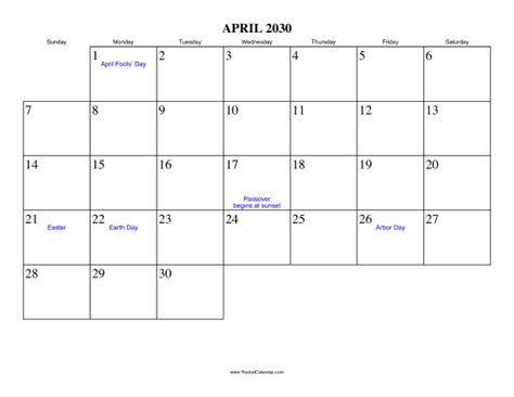 April 2030 Calendar