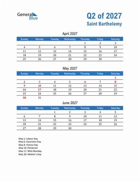 Q2 2027 Quarterly Calendar With Saint Barthelemy Holidays