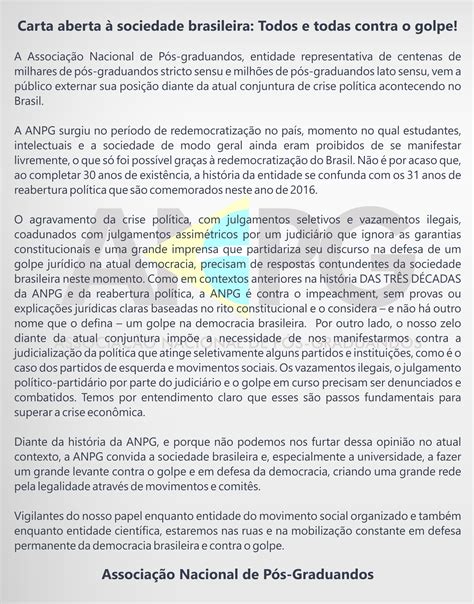 Carta Aberta à Sociedade Brasileira Todos E Todas Contra O Golpe Anpg