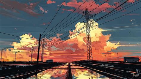 1366x768 Anime Landscape Sunset Sky Painting Scenery Anime