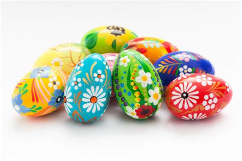 Traditional Hand Painted Easter Eggs On White Spring Patterns Stock