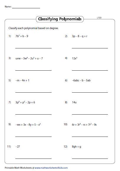 Classify Polynomials Based On Degree Polynomials Worksheets Middle