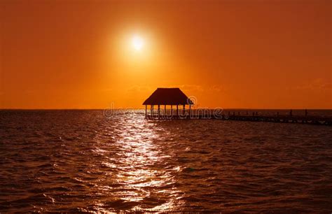 Holbox Island Sunset Beach Pier Hut Mexico Stock Image Image Of