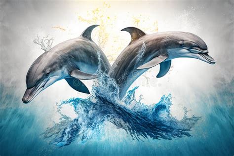 Two Dolphin Jumping Out Of The Ocean Waves Generative Ai Stock