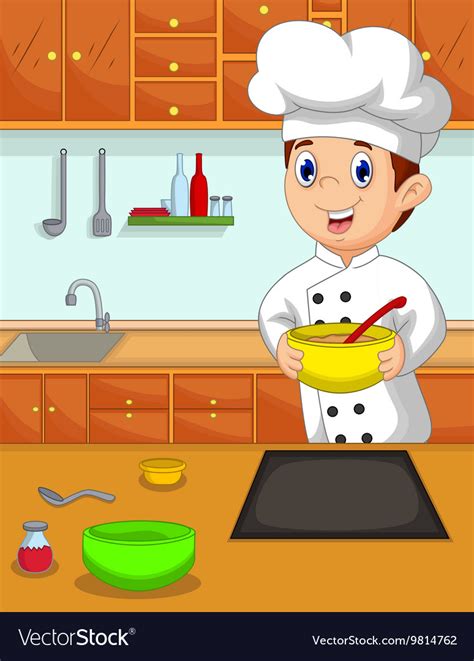 Funny Chef Cartoon Bring Bowl In The Kitchen Vector Image