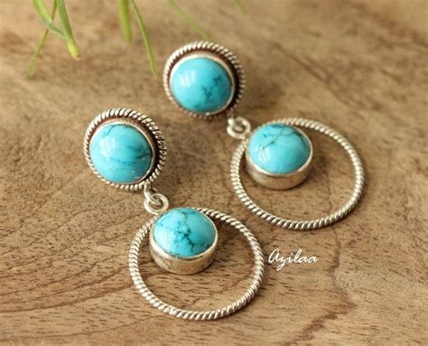 Circle Turquoise Gemstone Sterling Silver Handmade Earrings At