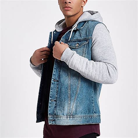 Newchic offer quality jean jacket with hoodie at wholesale prices. Blue jersey hoodie denim jacket - Jackets - Coats ...